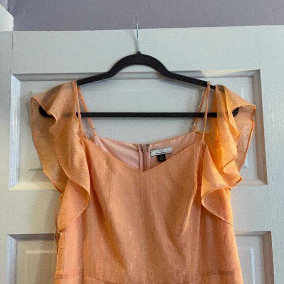 Halston peach gold metallic cold shoulder midi Georgette formal dress 12 - Picture 12 of 14